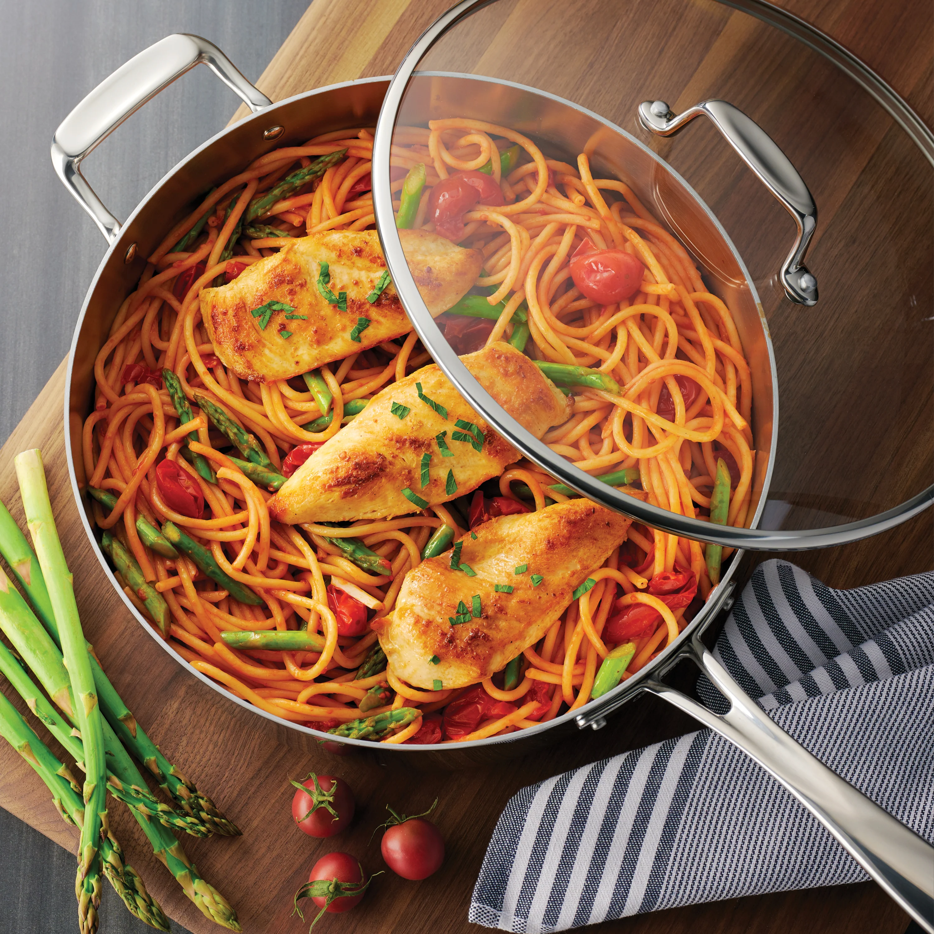 6 Quart Tri-Ply Clad Stainless Steel Covered Deep Saute Pan - Glass Lids - Image 3