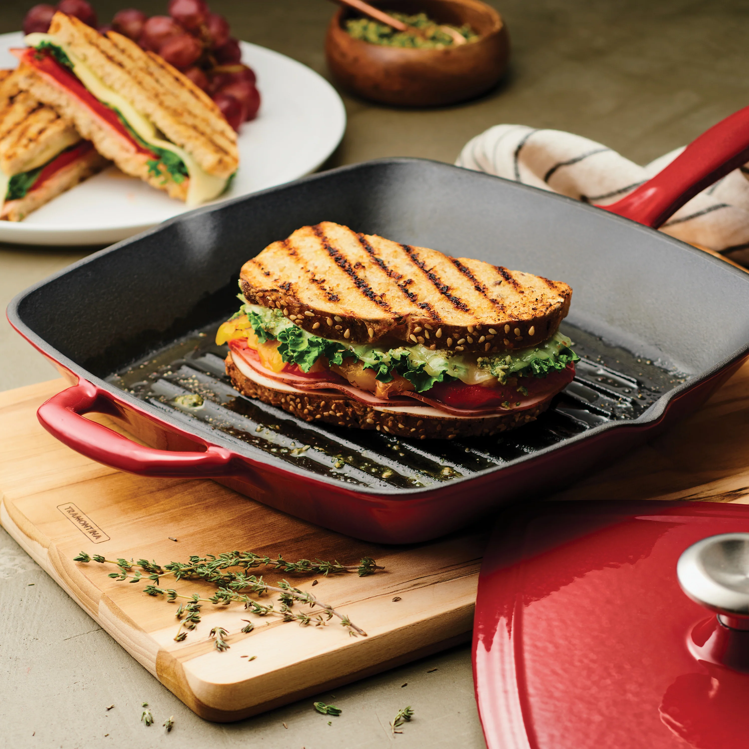Bestow 11 in Enameled Cast-Iron  Grill Pan with Press - Gradated Red - Image 8