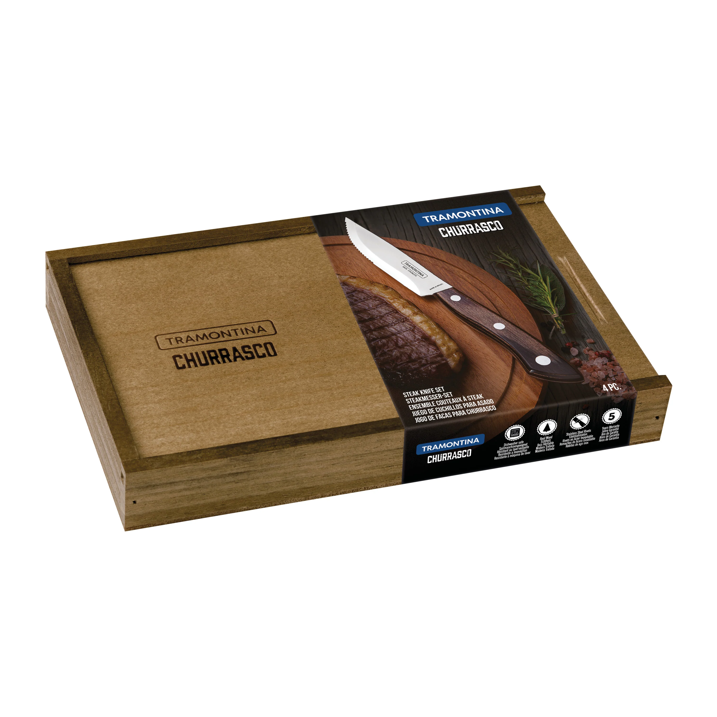 Churrasco BBQ 4 Piece Porterhouse Steak Knife Set in Wood Gift Box - Image 7
