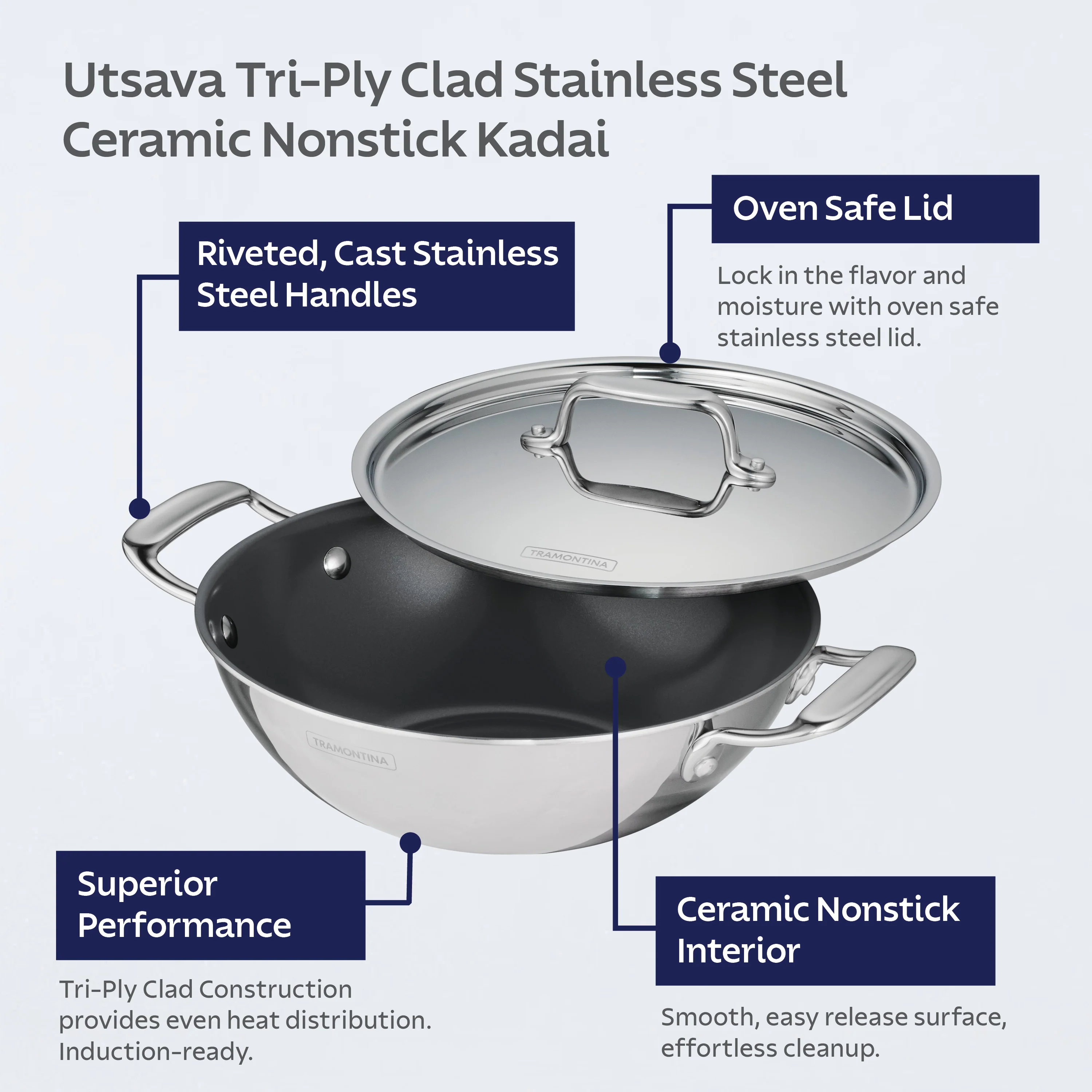 Utsava Tri-Ply Clad Covered Kadai with Ceramic Interior - Image 6