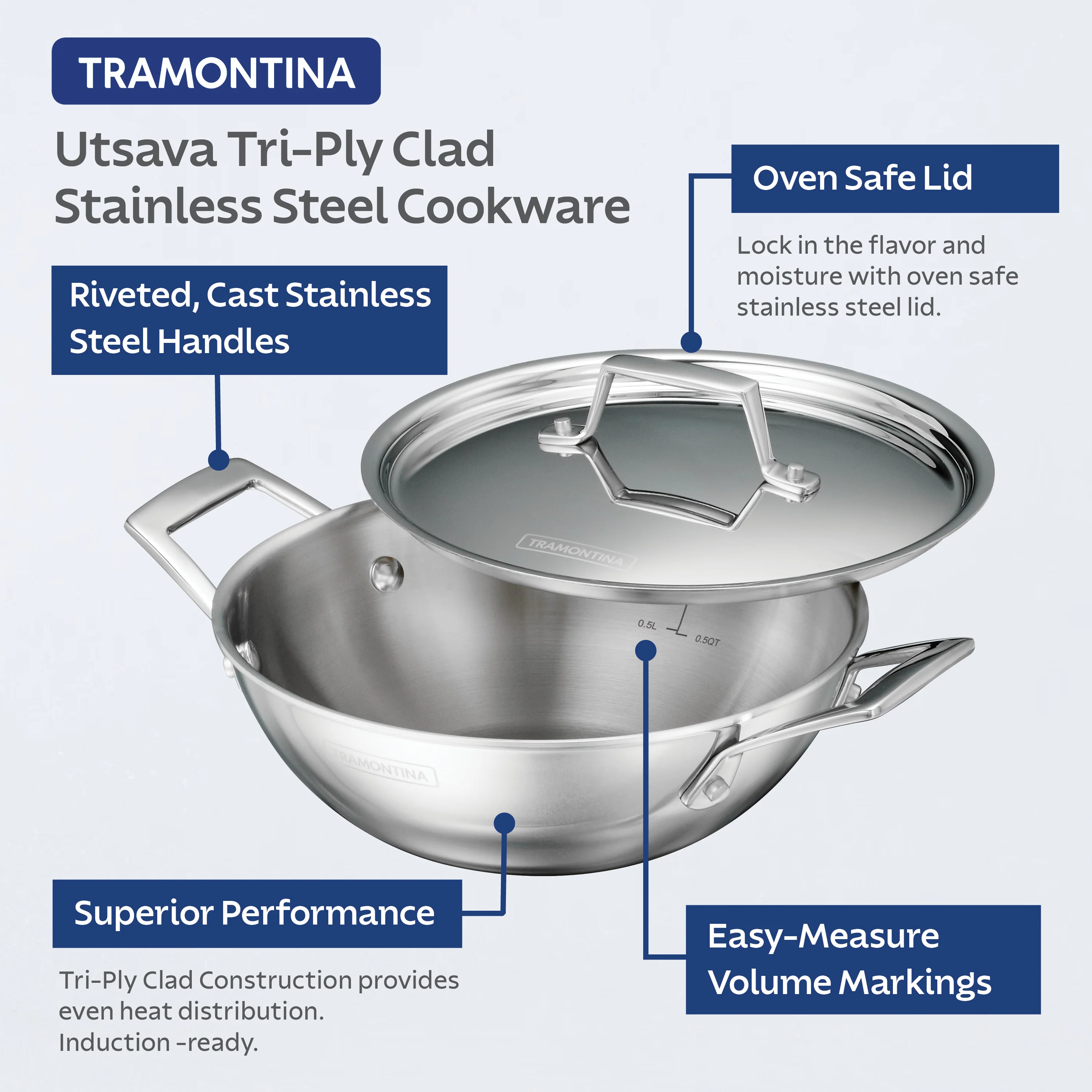 Utsava Tri-Ply Clad Stainless Steel Covered Kadai - Image 3